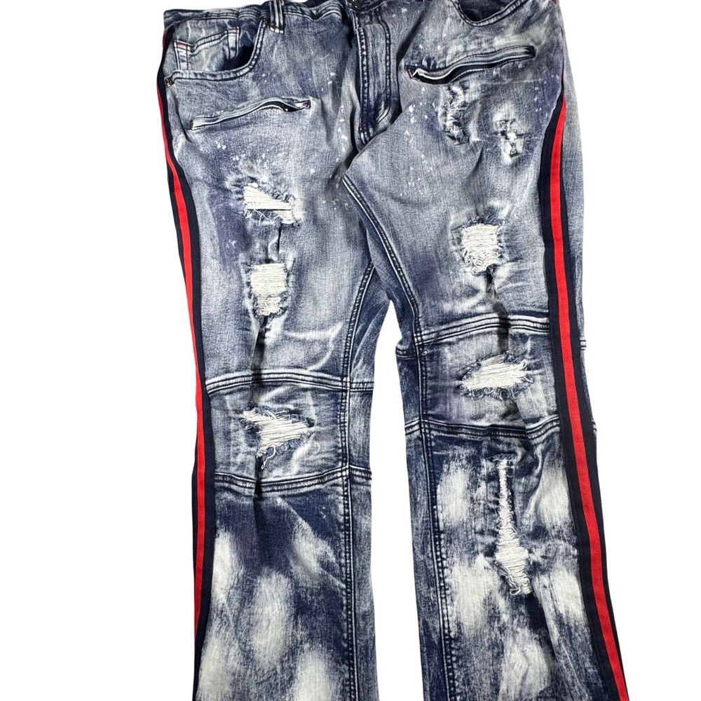 Makobi Biker Jeans Mens 44x32 Blue Acid Wash Distressed Side Stripe M1743 Moto - Picture 5 of 11